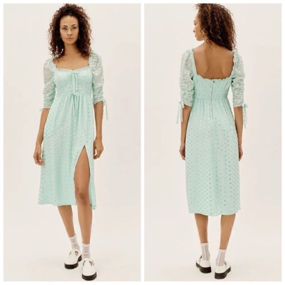 For Love & Lemons Eden Silk Midi Mint Green Dress Blend Metallic Hearts Size S